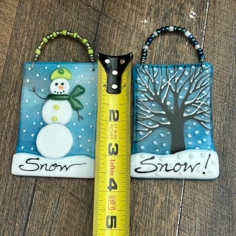 Handmade Fused Glass Winter Snowman and Tree Ornaments Suncatchers Set of 2 Blue